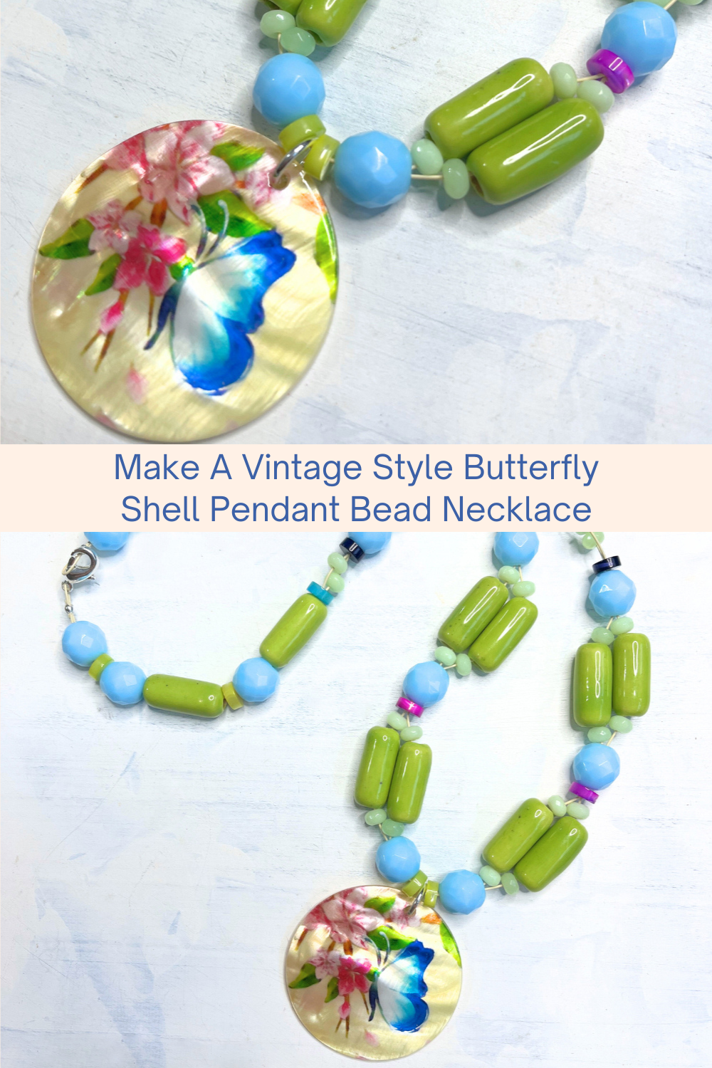 Make A Vintage Style Butterfly Shell Pendant Bead Necklace Collage