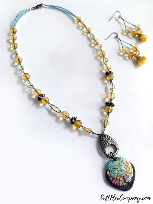 Antique Brass Beaded Pendant Necklace & Earrings by Kristen Fagan