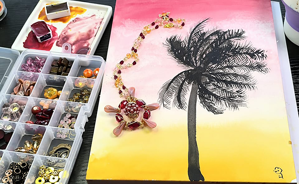 Sunset Splendor Beaded Chain Necklace and Painting by Beki Foster