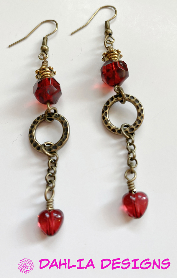  Brass & Red Heart Earrings by Deb Houck