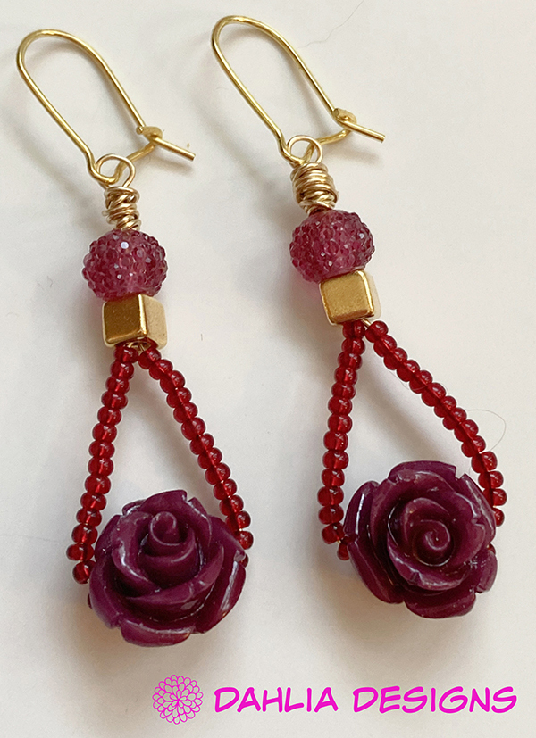 Cranberry Roses & Seed Bead Earrings by Deb Houck