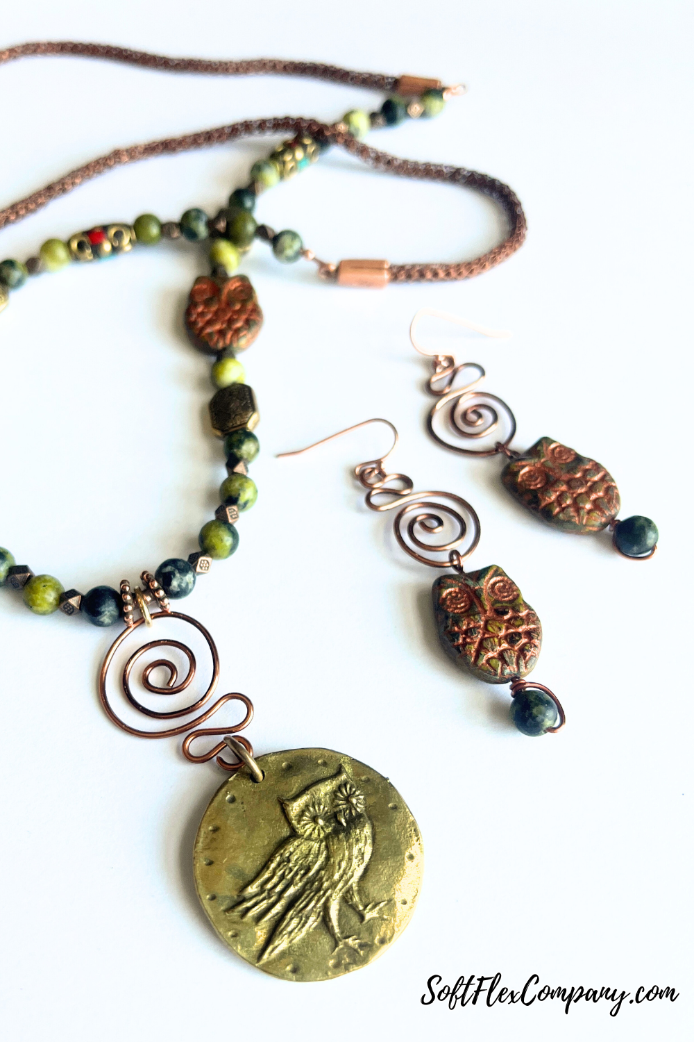 Fall Beaded Owl Necklace & Earrings by Kristen Fagan