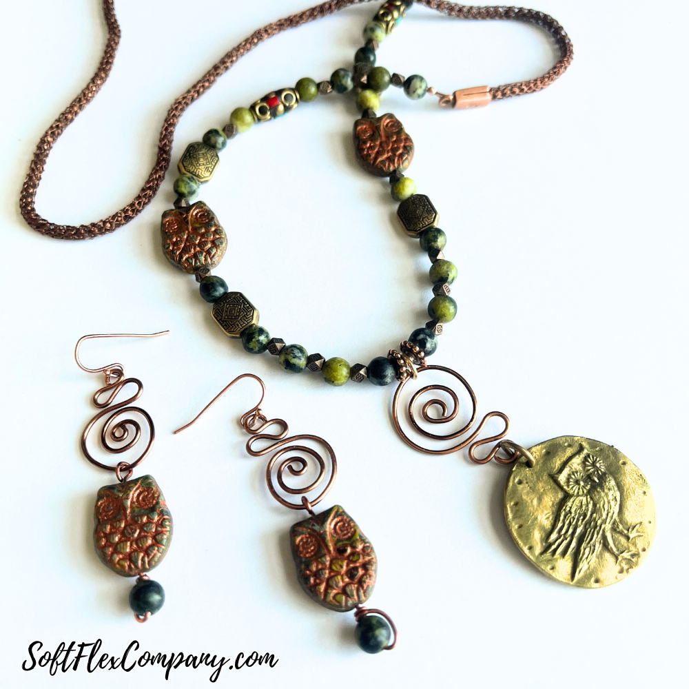 Fall Beaded Owl Necklace & Earrings by Kristen Fagan