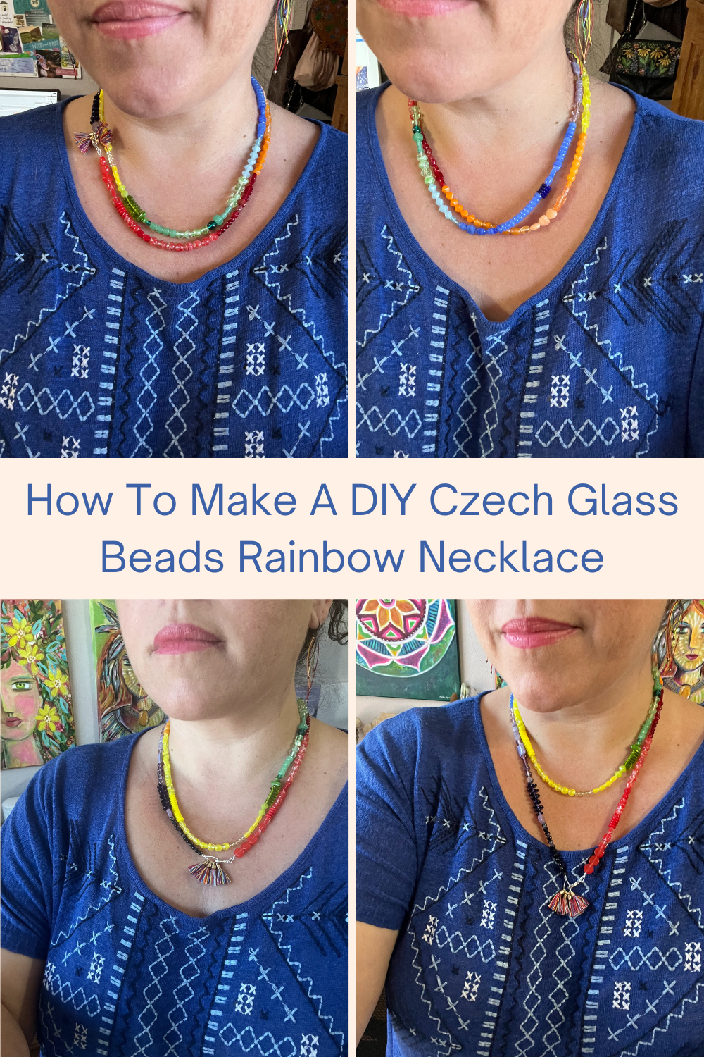 Vintage Czech necklace blue white marble blue satin atlas glass beads