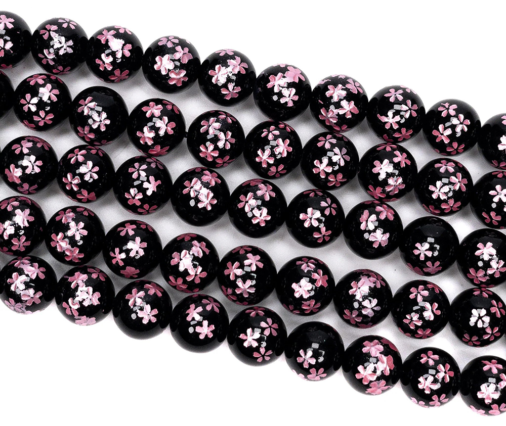 Black Agate Etched Pink Sakura Shower 10mm Round Bead at The Bead Gallery, Honolulu