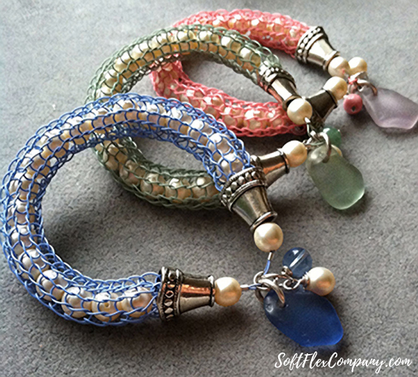 Knitted Bangle with Sea Glass and Pearls by Kristen Fagan