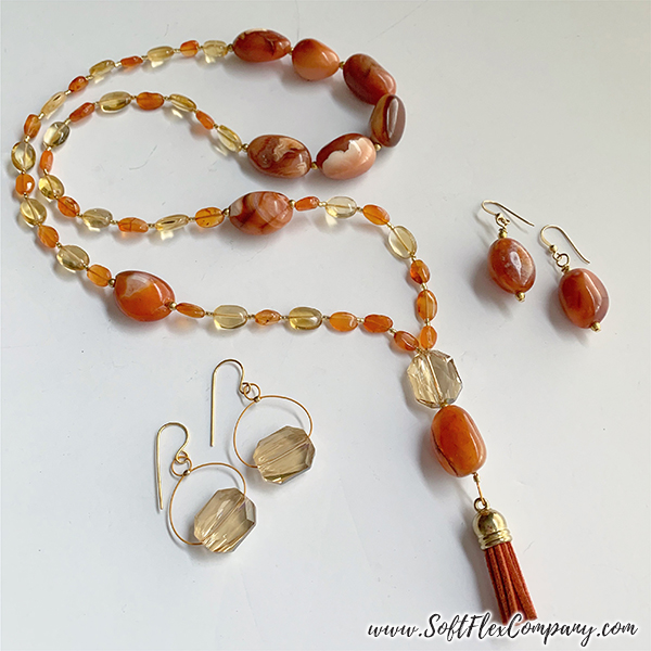 Mala Style Necklace and Earrings with Carnelian, Citrine and Crystal Beads by Kristen Fagan