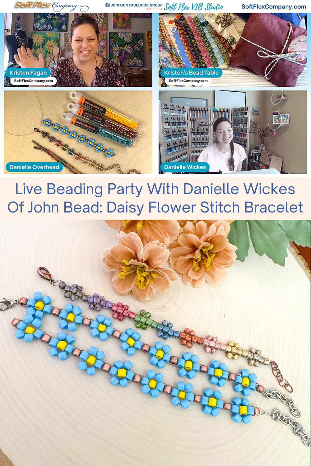Live Beading Party With Danielle Wickes Of John Bead Daisy Flower Stitch Bracelet Collage