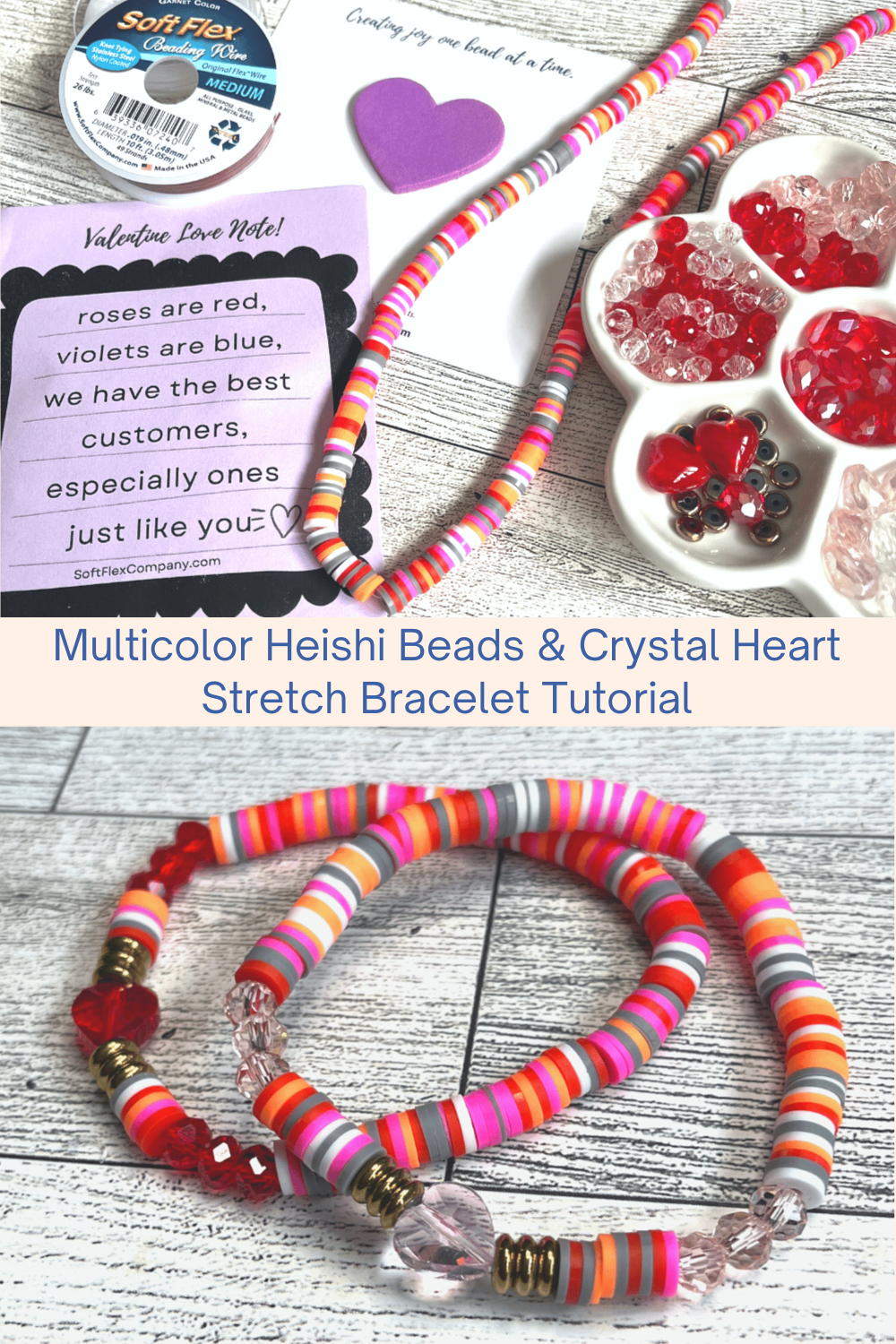 Multicolor Heishi Beads & Crystal Heart Stretch Bracelet Tutorial Collage