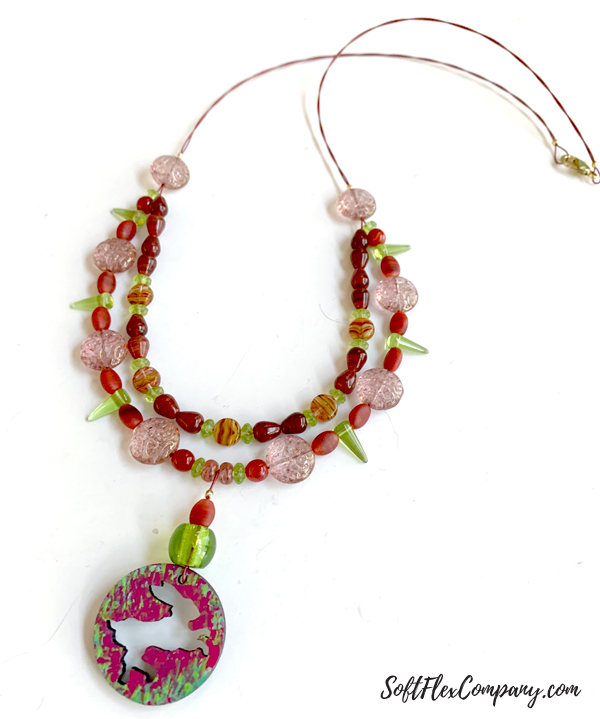 Necklace with Circular Wooden Pendant with Red Ink