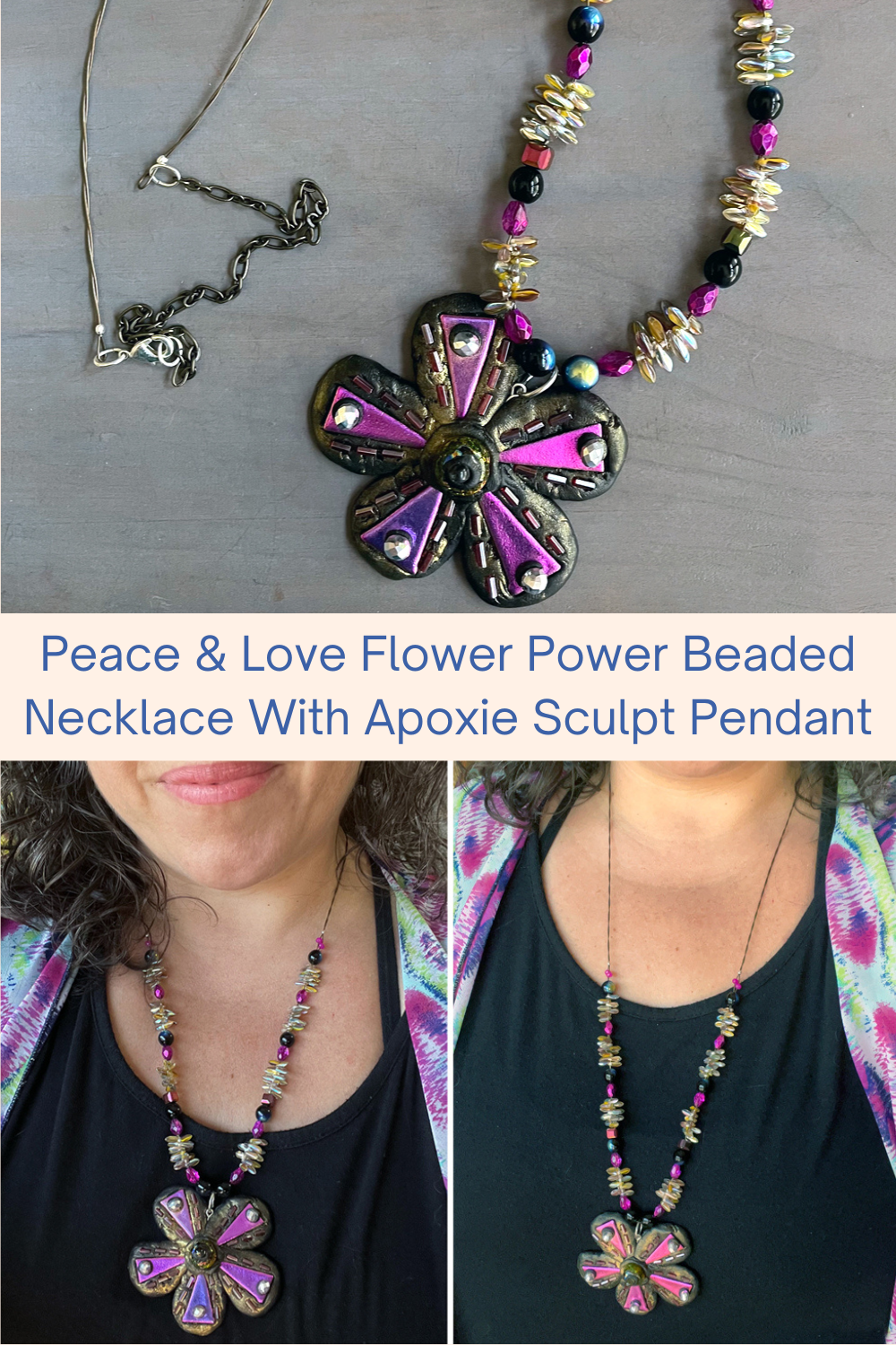 Peace & Love Flower Power Beaded Necklace With Apoxie Sculpt Pendant Collage