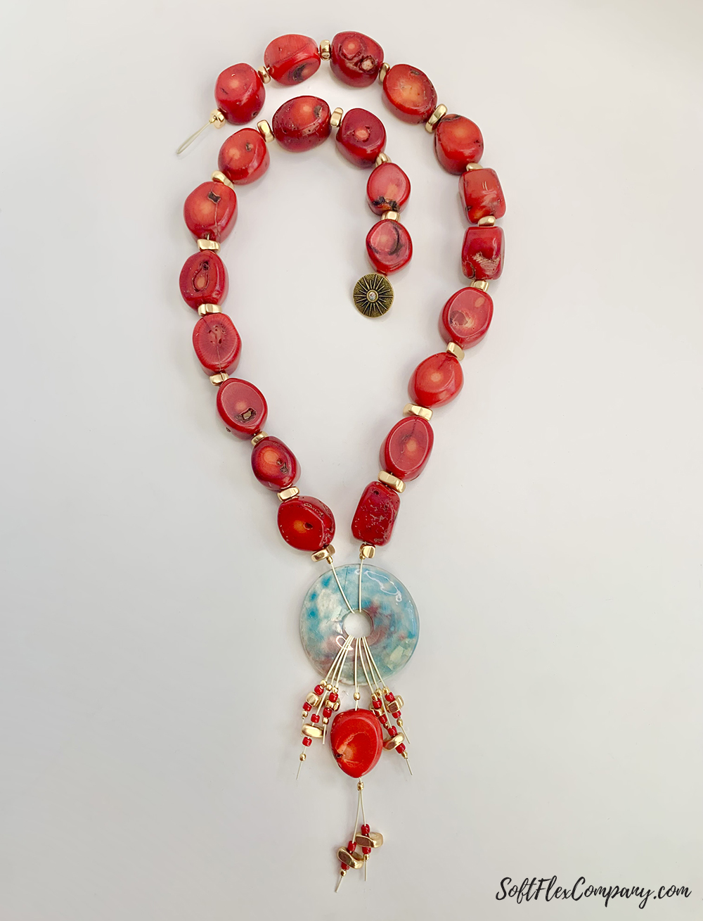 Coral Bead & Cermaic Donut Pendant Necklace by Sara Oehler