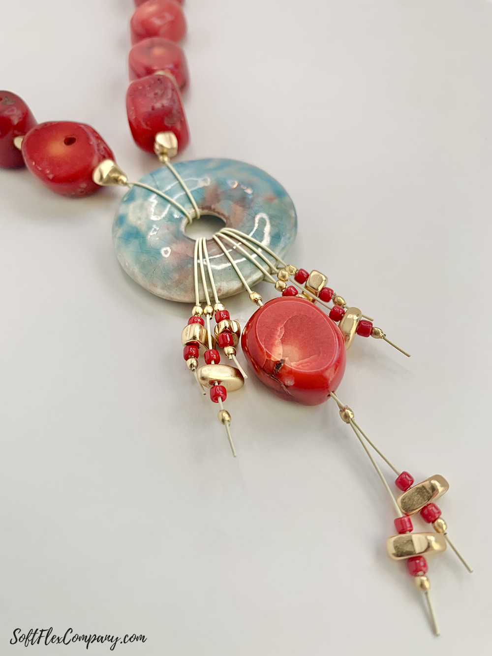 Coral Bead & Cermaic Donut Pendant Necklace by Sara Oehler