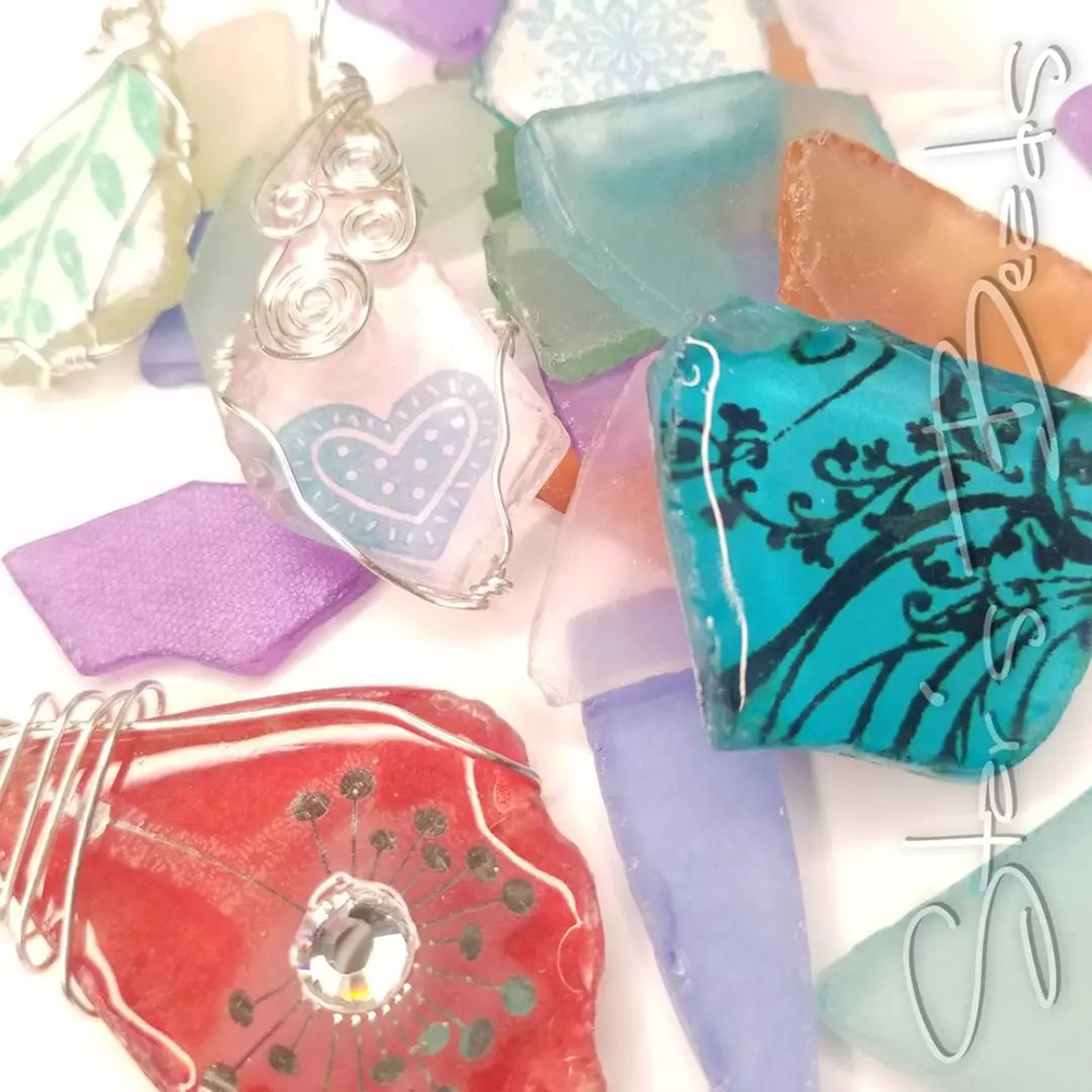 Custom Pottery Shards Sea Glass & Soft Flex Craft Wire Pendant by Star's Beads