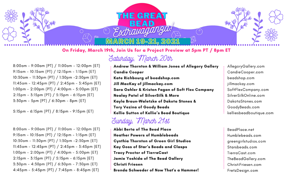 The Great Bead Extravaganza Schedule for March 2021