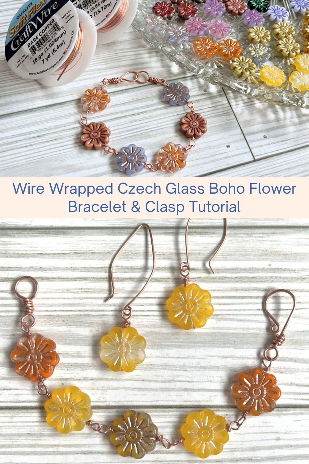 Wire Wrapped Czech Glass Boho Flower Bracelet & Clasp Tutorial Collage
